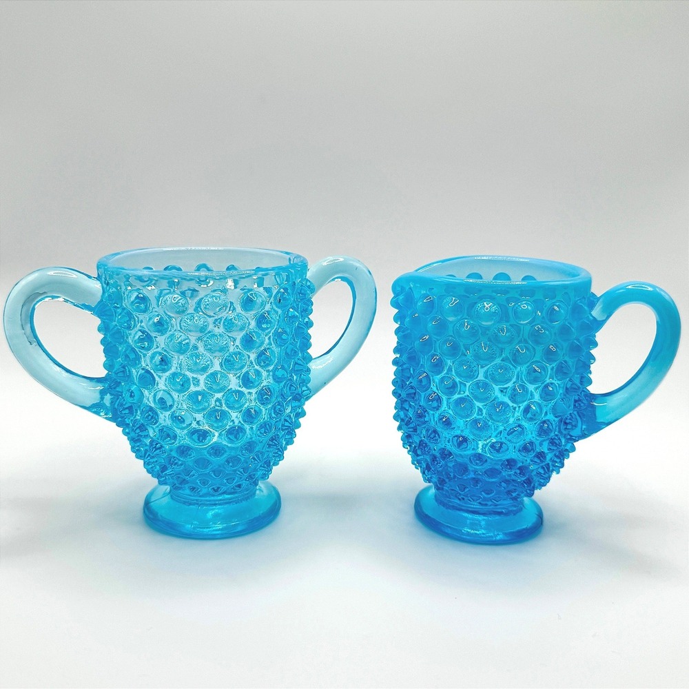 Vintage Fenton Blue Opalescent Hobnail Creamer Sugar Bowl Set Footed Glass